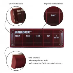 Pilulier journalier Anabox 5 prises par jour Rouge Bordeaux - zoom